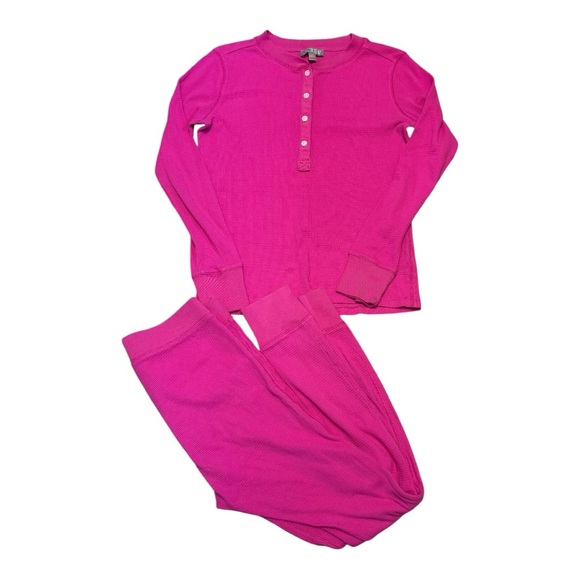 J.Crew Hot Pink Waffle Knit Thermal Henley Lounge Set XS - Picture 1 of 6